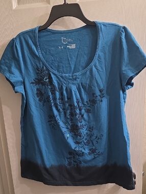 Classic Elements Teal Blue Floral Scoop Neck Short Sleeve Top Size M
